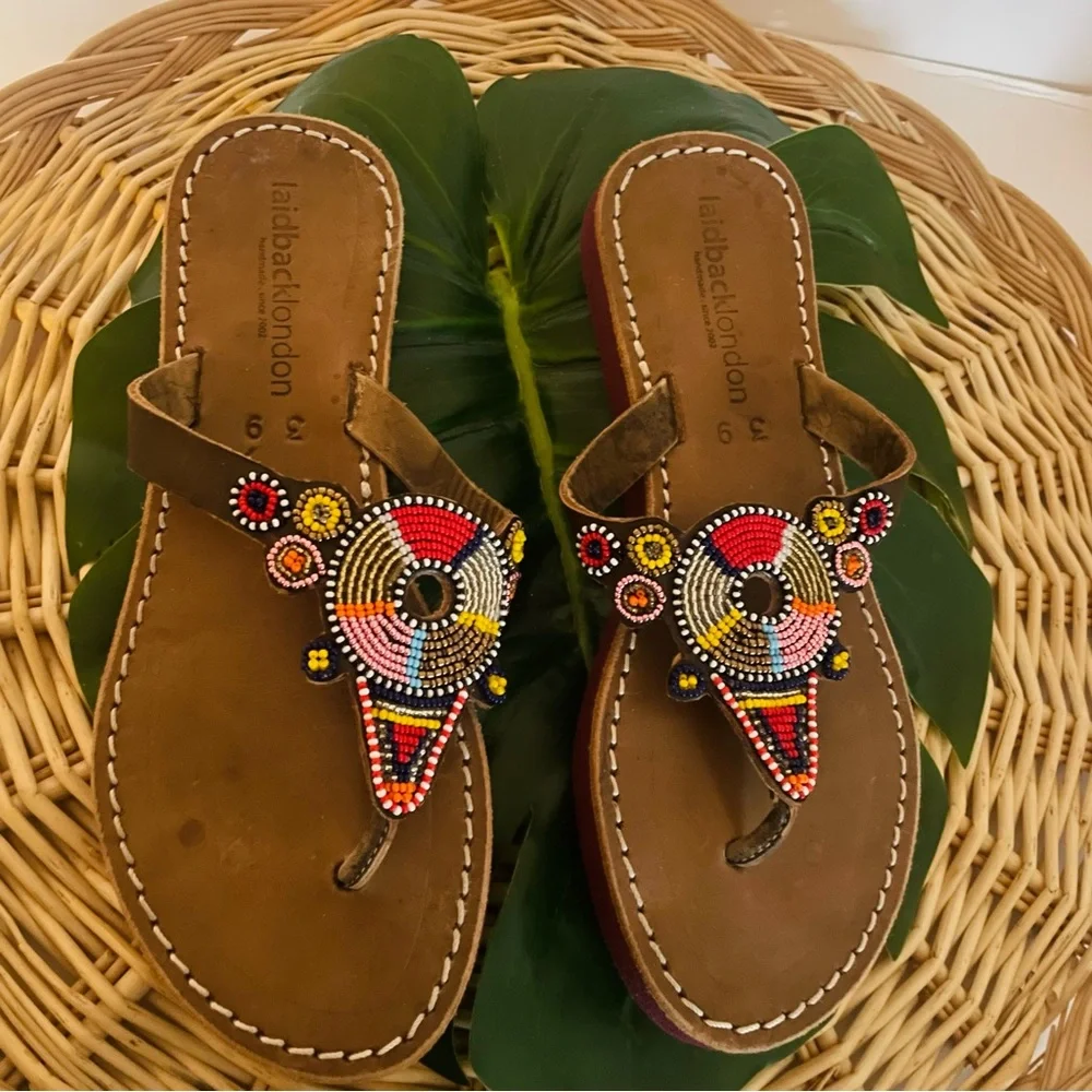 Laidback London Shibli SSR Leather Beaded Handmade Sandal Red Mix Size 39